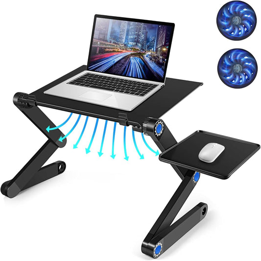 Adjustable Laptop Stand w/ Cooling Fans & Mouse Pad: Ergonomic design for bed or workstation use. Foldable aluminum alloy design for bed, sofa, or desk use. Optimal comfort & performance.